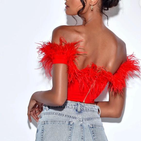 Red Feather Trim Corset Top - Picture 5 of 5